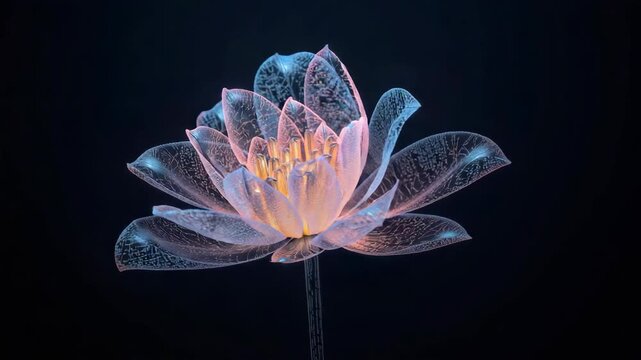 Glowing translucent lotus flower translucent glowing digital bloom with blue and pink light serene