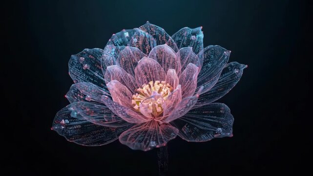 Transparent pink translucent lotus flower with glowing circuitry pattern and soft neon digital