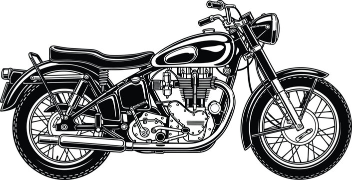Detailed black and white line art illustration of a classic vintage motorcycle side profile view.