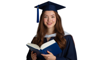 Smiling young female graduate holding diploma isolated on transparent background