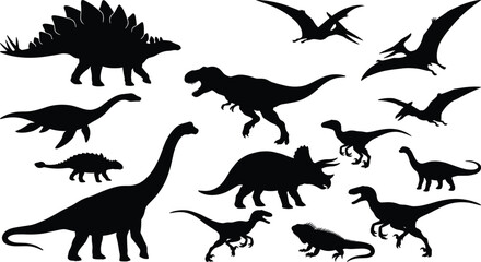 Prehistoric dinosaur silhouettes set featuring land and flying species, black isolated illustrations for education, science, museums, kids learning, posters, logos, and creative design projects © Shahariar's World