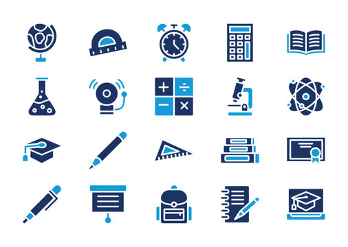 Education thin solid icon set. Containing globe, arc ruller, clock, calculator, book, chemical