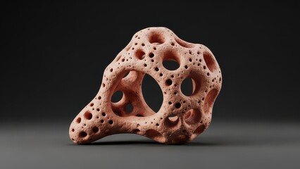 A detailed, close-up studio shot of a reddish-brown porous organic-looking object with many irregular holes and a rough texture against a dark background.