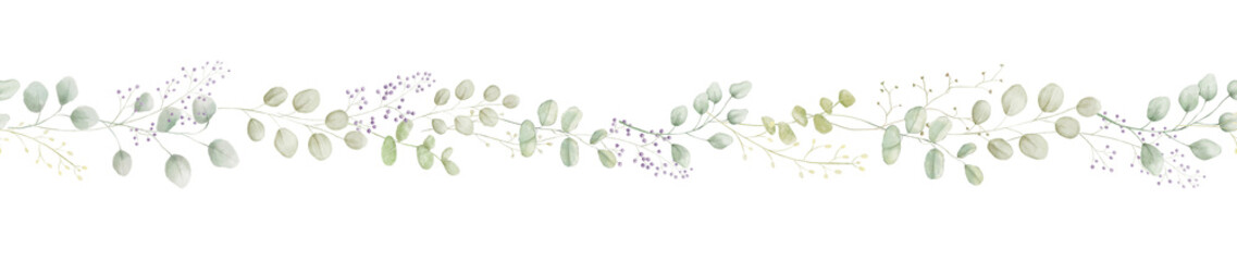 Seamless watercolour floral border with eucalyptus leaves. Endless green pattern isolated on white background for wedding design © Elena