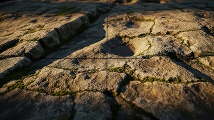 Close-up view of ancient, weathered stone slabs with deep cracks and green moss, illuminated by warm sunlight.