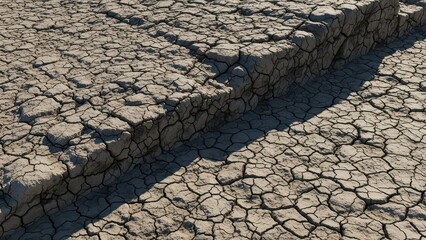 Close-up view of severely cracked dry earth, showing a deep fissure and textured surface under natural light, indicating drought conditions.