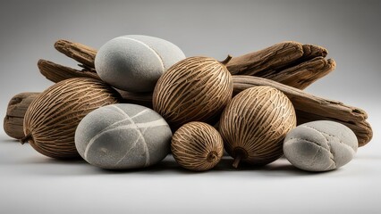 A collection of natural elements featuring smooth grey stones with etched patterns, textured brown seeds, and weathered driftwood pieces arranged artfully.