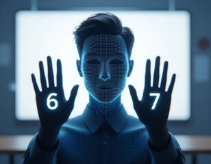 A blue digital wireframe humanoid raising its hands to display glowing numbers 6 and 7. Represents artificial intelligence, data analytics, futuristic technology, and machine learning.