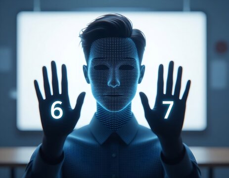 A blue digital wireframe humanoid raising its hands to display glowing numbers 6 and 7. Represents artificial intelligence, data analytics, futuristic technology, and machine learning. - Powered by Adobe