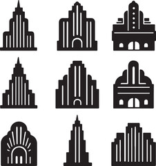 Art deco architecture and vintage theater building icons silhouette vector illustration