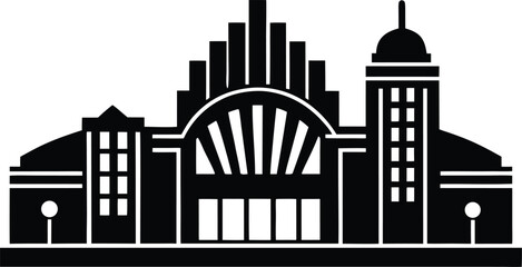 Art deco architecture and vintage theater building icon silhouette vector illustration