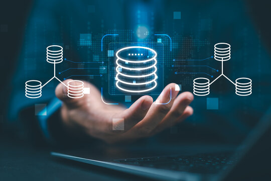 Engineer holding database icons, representing data integration, ETL processes, data pipelines, and centralized data warehouse solutions for efficient data management and analysis. - Powered by Adobe