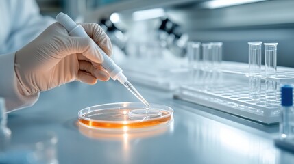 A scientist conducts a meticulous experiment using a pipette to transfer liquid into a petri dish in a modern lab environment.