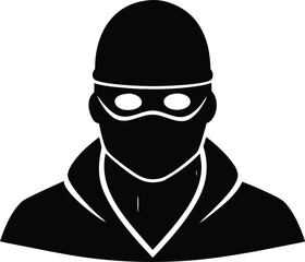 Thief or robber concept silhouette icon, symbol, avatar vector illustrations. Criminal man in mask and beanie hat close up