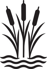 Three cattail plant reeds with leaves and water waves silhouette vector illustration. Natural flora icon or symbol for outdoor, park or wildlife concept