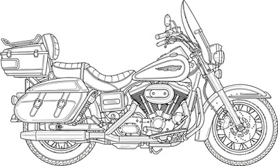 Obraz premium Detailed black and white line art of a classic touring motorcycle with saddlebags rear trunk and Vtwin engine.