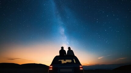 A serene moment under a spectacular night sky, as a couple enjoys the beauty of the stars from their car roof.