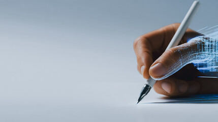 AI powered hand writing or drawing with a digital stylus, symbolizing machine learning, futuristic design, and creative innovation, with copy space.