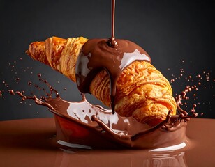 A golden pastry is drenched in flowing chocolate, creating a splash against a dark backdrop