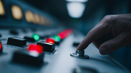 Close-up of operator pressing button on industrial control panel. Hand activates critical system switch surrounded by glowing red and green indicator lights in a low-light engineering environment.