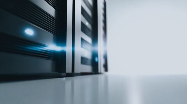 Close-up abstract view of a dark data center server rack glowing with powerful blue light, representing high-speed computing, IT infrastructure, and network security - Powered by Adobe