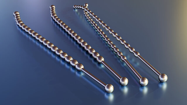 A 3d rendering of urethral sound or metallic probe, the design is a "beaded" or "contoured" for medical or therapeutic purpose.