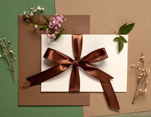 A flat lay showcases a gift card tied with a brown satin bow, nestled against brown and green paper, adorned with delicate flowers