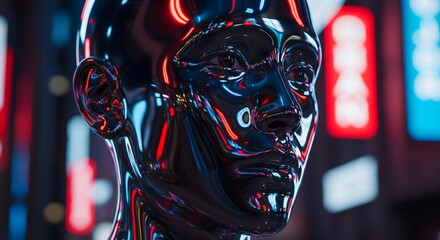Shiny black robotic head with red neon lights reflecting on its surface in a futuristic cityscape
