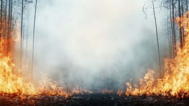 A striking image of wildfires engulfing a forest, depicting the immediate threat of flames and smoke to nature and wildlife.