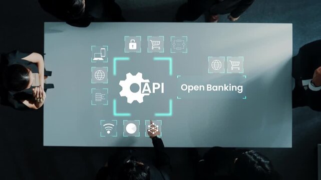 Open Banking Concept with API Integration on a Modern Table Surrounded by Professionals Engaged in Digital Financial Discussions Gluon.
