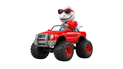 Dinosaur in Monster Truck Holding Heart