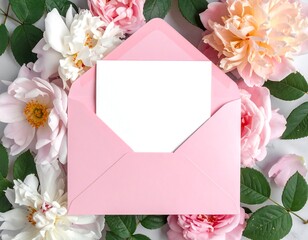 A flat lay showcases a pink envelope cradling a blank card, surrounded by lush blooms and verdant leaves against a white backdrop
