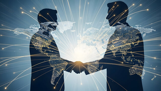 Digital global business expansion illustrated by two professional silhouettes shaking hands across continents on an illuminated world map background with radiating network light connections and - Powered by Adobe
