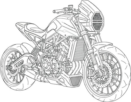 Detailed monochrome line drawing of a modern streetfighter motorcycle with a trellis frame and unique headlight.