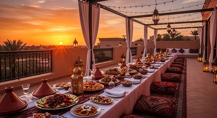 Elegant Outdoor Dining Setup on Rooftop at Sunset with Traditional Decor and Lanterns