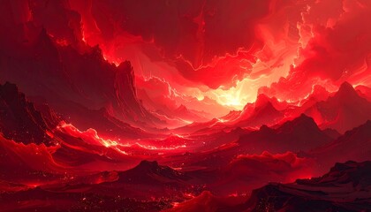 A dramatic landscape featuring fiery red clouds engulfing rugged mountains, illuminated by a brilliant light source