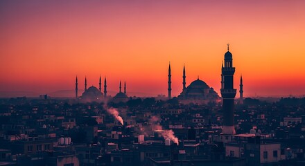 Silhouette of Mosque Minarets and Dome Skyline at Sunset in Middle Eastern City