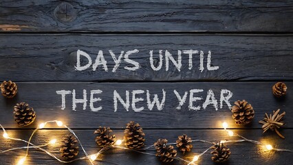 New Year Countdown with Pine Cones and Lights on a Rustic Wooden Surface