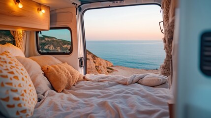 Cozy van interior with soft bedding and scenic ocean view, perfect for sunset relaxation and adventures on the road.