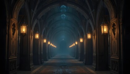 Fototapeta premium Gothic corridor illuminated by lamps
