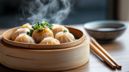Delicious steamed dumplings served in a bamboo steamer, garnished with herbs and accompanied by a soy sauce in a bowl.