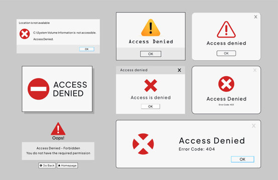 Access Denied and Error 404 alert windows. Minimalist system warning and security notification set. Featuring minimalist warning icons and system alert messages for web interface, cybersecurity