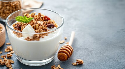 Delicious yogurt topped with granola and honey, perfect for a healthy breakfast or snack. Fresh, nutritious, and visually appealing.