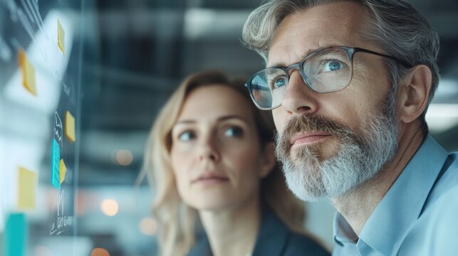 Focused professionals analyzing data on digital interface in a modern office environment, showcasing teamwork and innovation. - Powered by Adobe