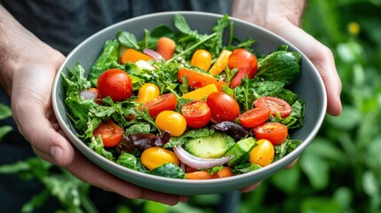 Fresh and colorful salad bowl featuring a variety of healthy vegetables, ideal for a nutritious meal in a vibrant garden setting.