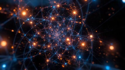Neon network of glowing nodes and filament connections forming abstract digital web of blue orange - Powered by Adobe