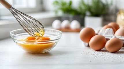 Fresh eggs and a whisk in a bowl, perfect for cooking and baking in a bright, inviting kitchen setting.