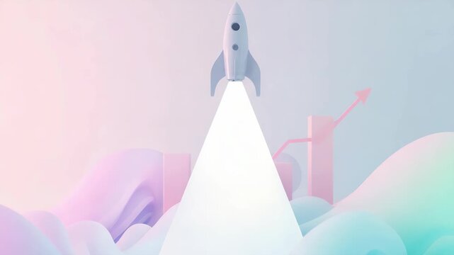 Pastel rocket launch over abstract cloud and waves with gradient upward arrow and rising growth