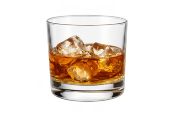 Whiskey glass with ice cubes on transparent background