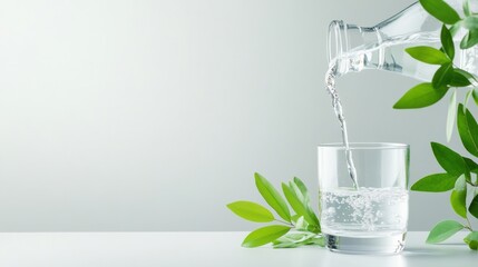 Fresh water is being poured into a glass accompanied by green leaves, symbolizing purity and refreshment.